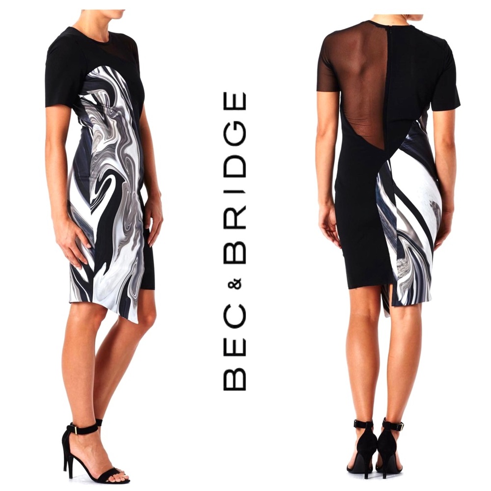 NWT Bec & Bridge Oil Slick Neoprene Print Mesh Panel Asymmetrical Dress - Picture 6 of 11